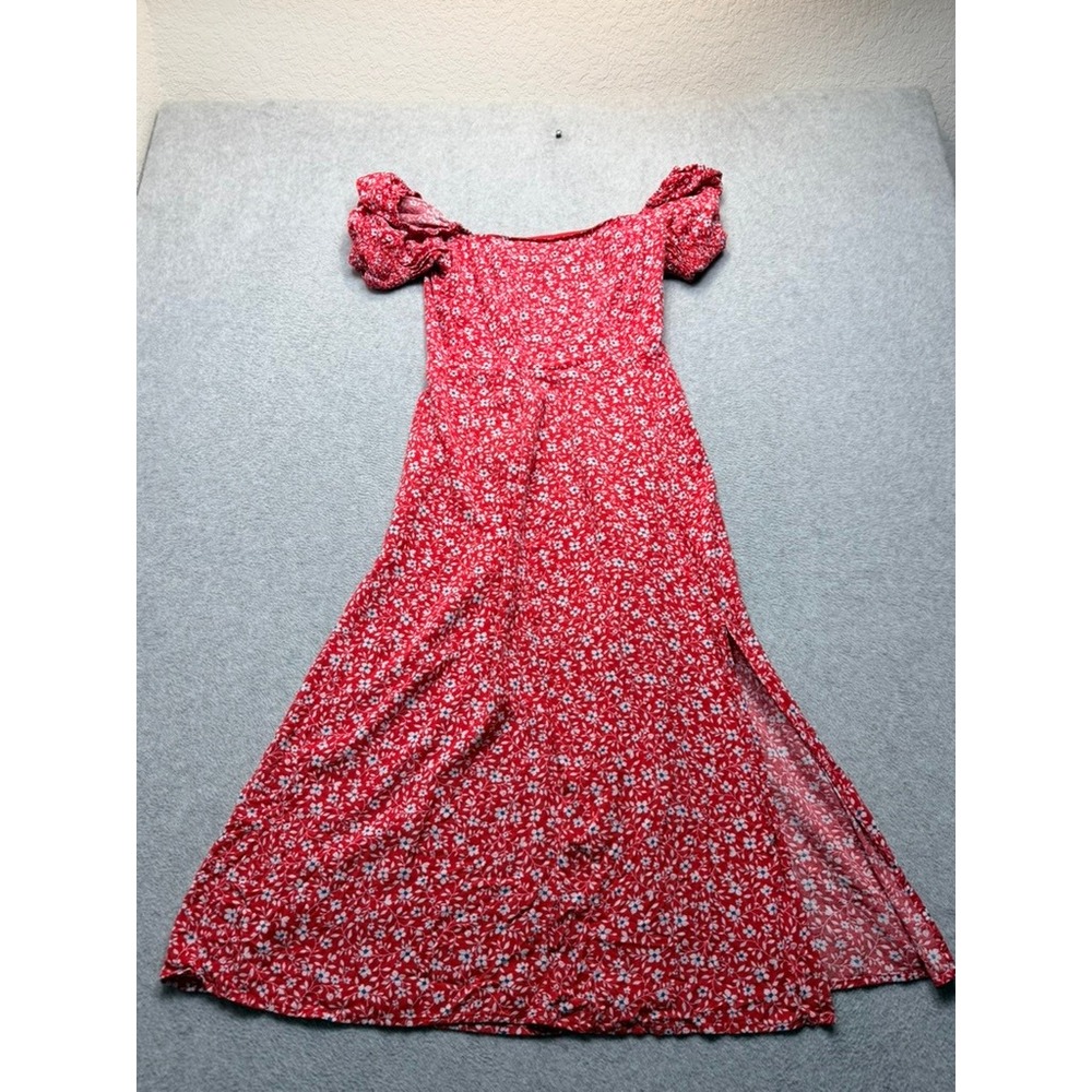 Red Floral Puff Sleeve Midi Dress Square Neck Side Slit Ditsy Print Smocked Back